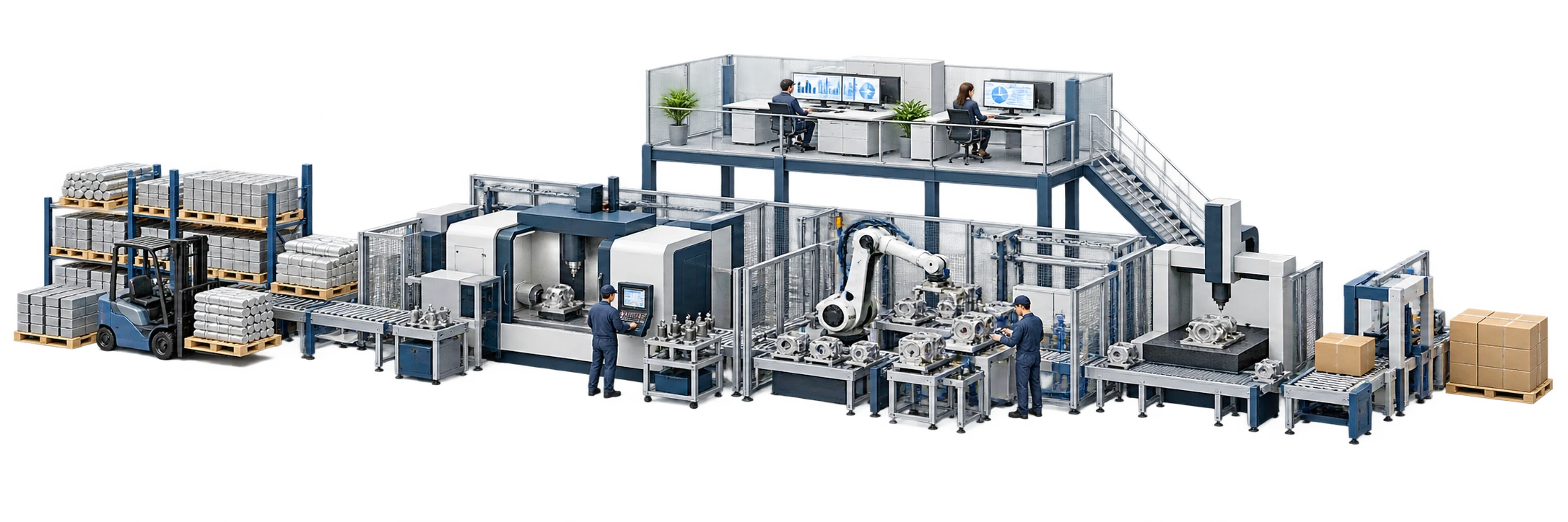 Industrielle Wertschöpfung mit Materialbereitstellung, Fertigung, Montage, Qualität und operativer Planung als zusammenhängendes System